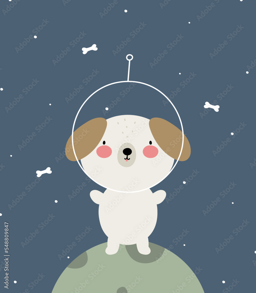 Cartoon poster with a cute dog in space. Vector illustration. For kids stuff, card, posters, banners, children books, printing on the pack, printing on clothes, fabric, wallpaper, textile. Cartoon poster with a cute dog in space. Vector illustration. For kids stuff, card, posters, banners, children books, printing on the pack, printing on clothes, fabric, wallpaper, textile.