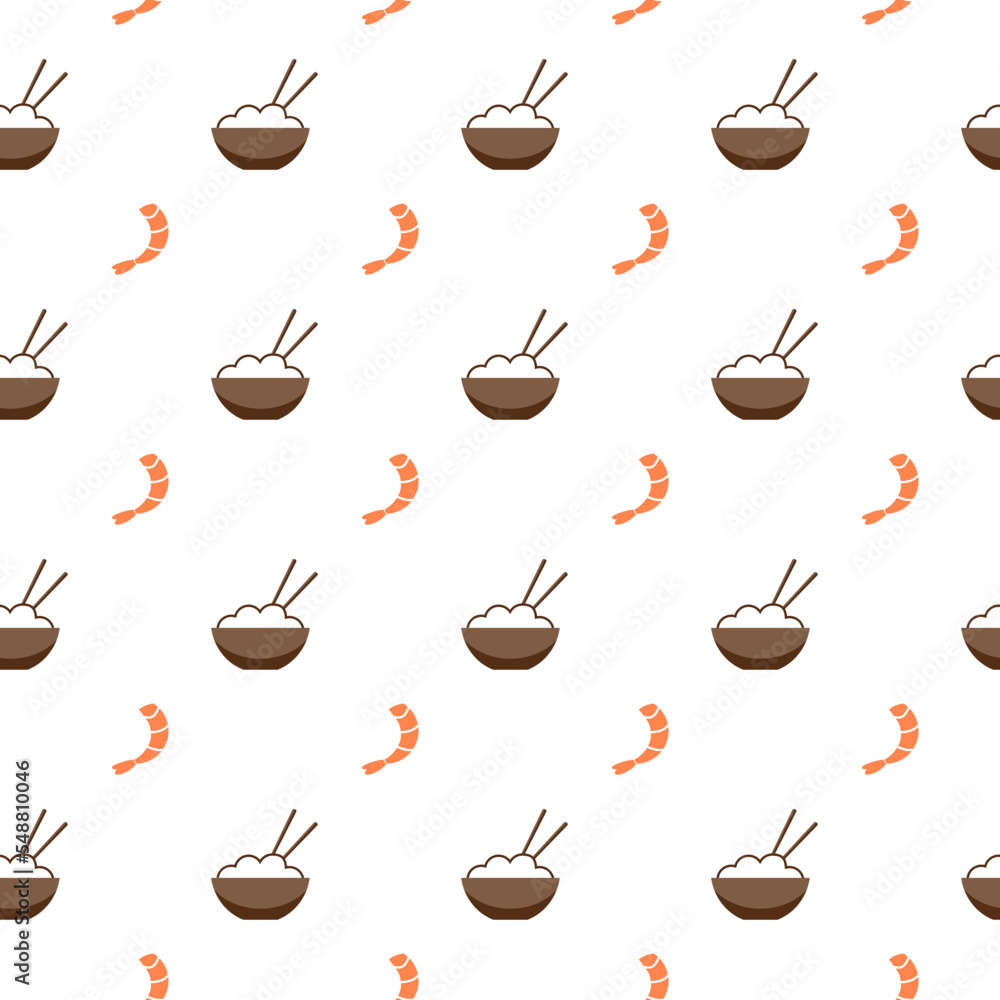 Shrimp and bowl with rice, seamless pattern, vector. Pattern of shrimp and bowls with rice.