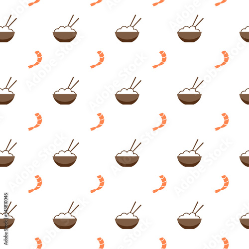 Shrimp and bowl with rice  seamless pattern  vector. Pattern of shrimp and bowls with rice.