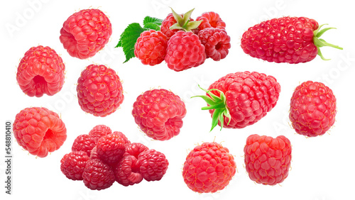 Raspberries, singles and in piles, with leaves, fresh, different varieties. Rubus idaeus fruits