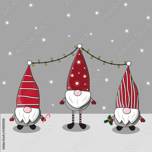 New Year. Christmas. three elves with a beard in a hat with a bumbon and garlands 
