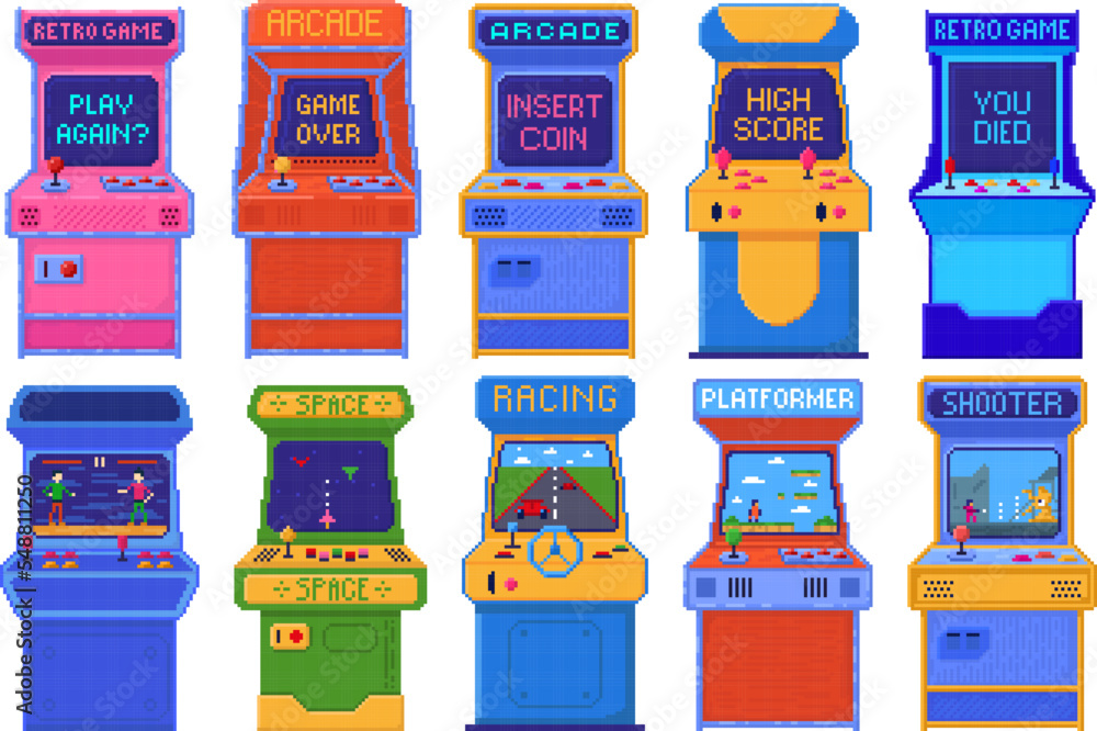 Vetor de Pixel art arcade game machines. Old 8 bit gaming console