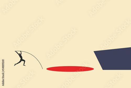 Pole jump across the hole to reach the target. concept of success, solution, challenge, opportunity and goal.