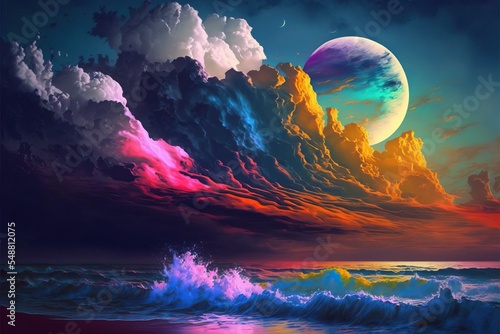 World within worlds - moon as a portal rift to another dimension in time and space with turbulent ocean waves and surreal clouds. Fantasy unreal sci-fi seascape digital illustration.