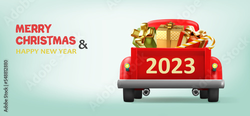 Red car with gifts. Happy New Year poster or card. Christmas car filled with gifts. Realistic vector illustration.