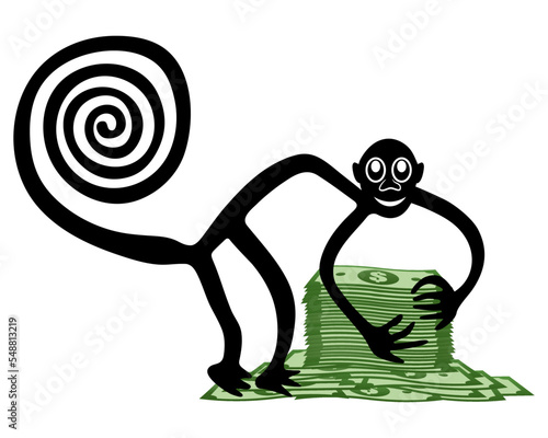 Monkey with a pile of money - a paraphrase of the famous geoglyph The Monkey from Nazca - vector illustration