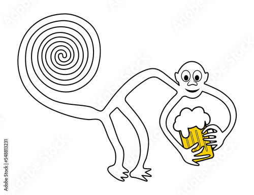 Monkey with pint of beer - paraphrase of the famous geoglyph of the Monkey from Nazca - vector illustration
