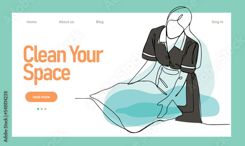 Home cleaning service landing page design concept, illustration of janitors with cleaning tools. Vector illustration