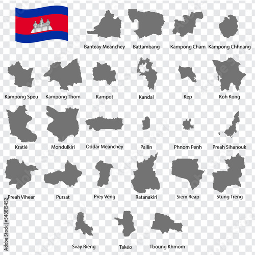 Twenty five Maps Regions of Cambodia - alphabetical order with name. Every single map of Region are listed and isolated with wordings and titles. Cambodia. EPS 10.