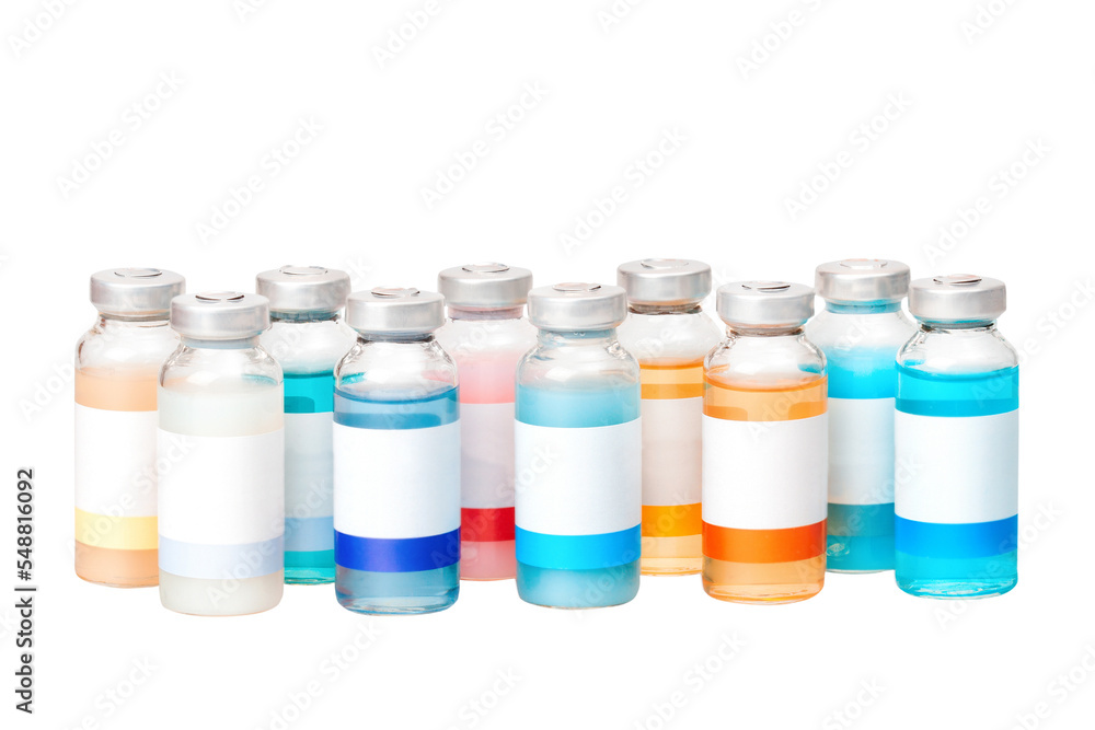Group of the isolated with transperancy vials of colored substances