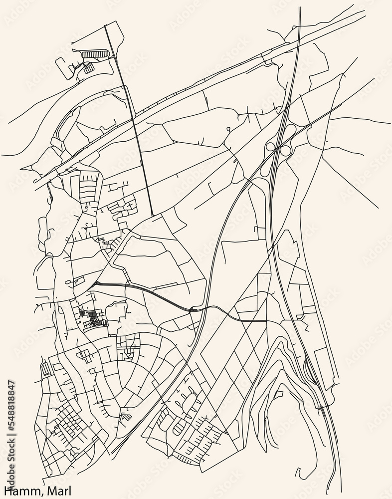 Fototapeta premium Detailed navigation black lines urban street roads map of the HAMM MUNICIPALITY of the German regional capital city of Marl, Germany on vintage beige background