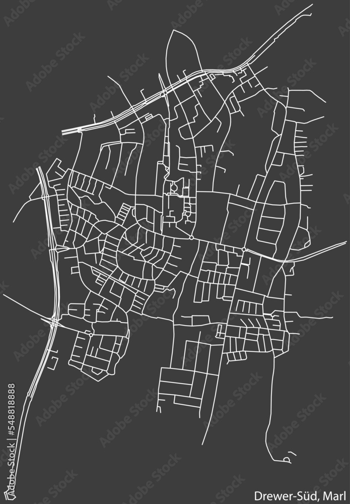 Detailed negative navigation white lines urban street roads map of the DREWER-SÜD MUNICIPALITY of the German regional capital city of Marl, Germany on dark gray background
