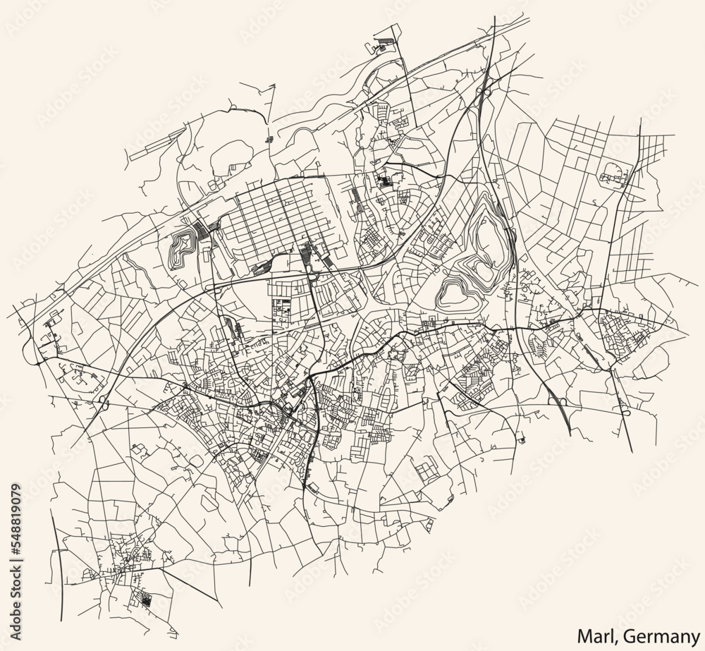 Detailed navigation black lines urban street roads map of the German regional capital city of MARL, GERMANY on vintage beige background