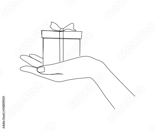 Continuous line drawing of hand holding present box.  Presents cardboard box with ribbon simple line art with active stroke.  Holiday, birthday and thanksgiving concept.