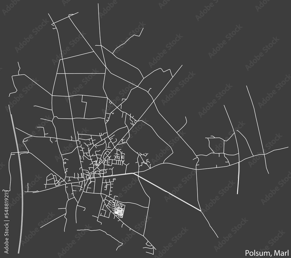 Detailed negative navigation white lines urban street roads map of the POLSUM MUNICIPALITY of the German regional capital city of Marl, Germany on dark gray background