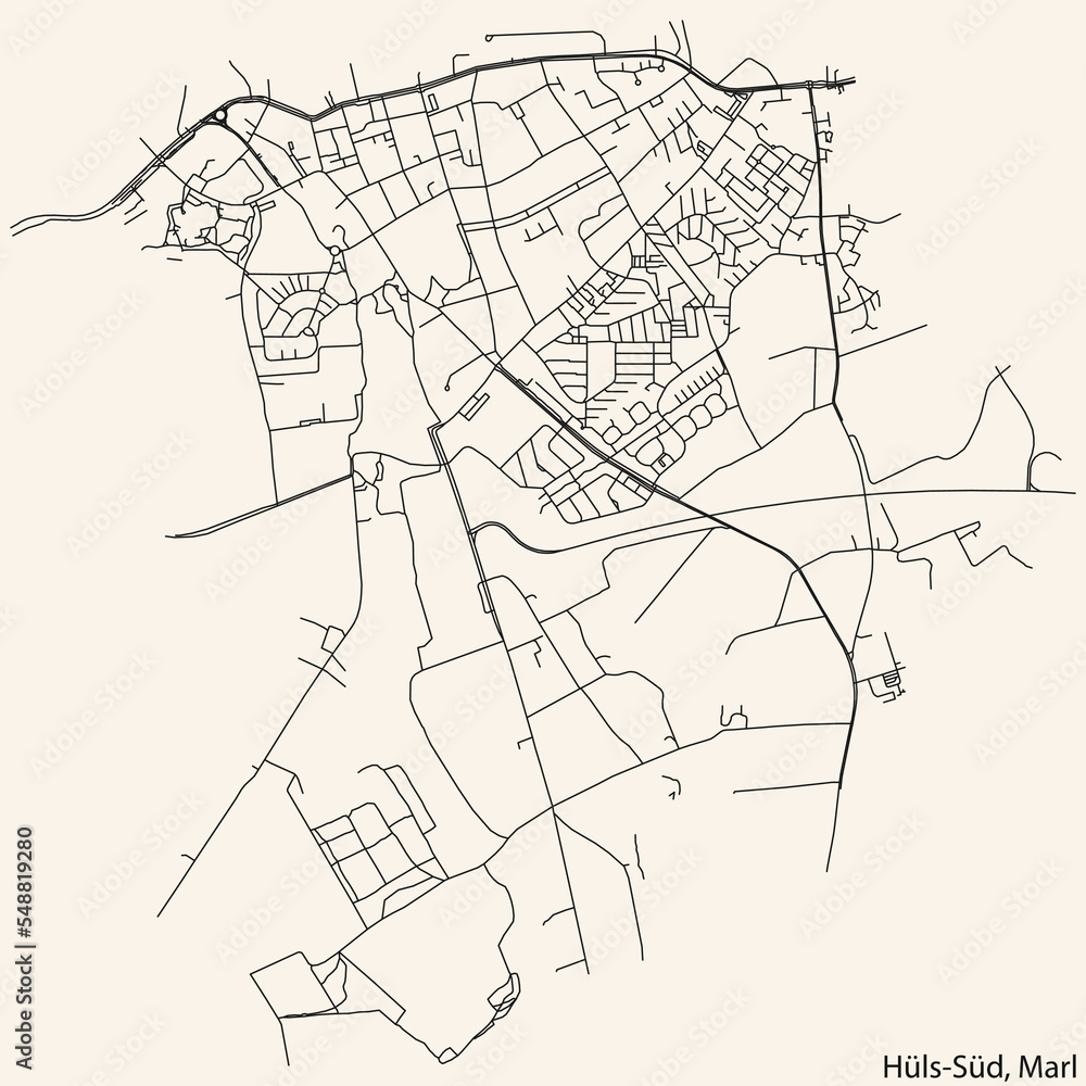 Detailed navigation black lines urban street roads map of the HÜLS-SÜD MUNICIPALITY of the German regional capital city of Marl, Germany on vintage beige background