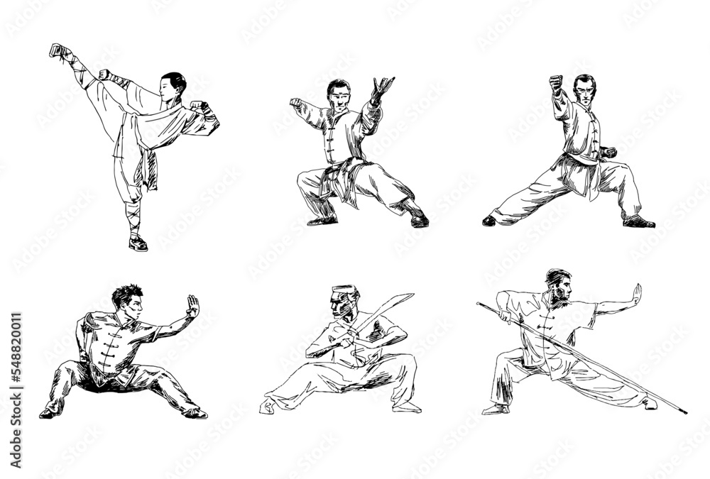 Kung-fu fighters sketch - black and white illustration, vector. | CanStock