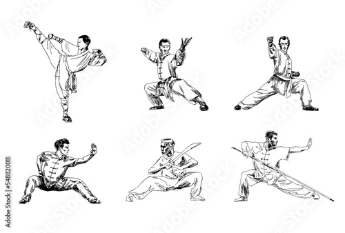 Murais de parede Set of hand drawing of a man showing wushu, kung fu stance