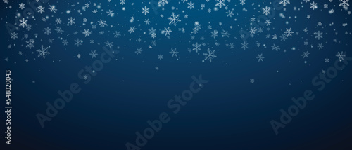 Snow Eve Blue Sky Background. Christmas snowy winter design. White falling snowflakes, abstract landscape. Cold weather effect. Magic nature fantasy snowfall texture decoration. Vector illustration