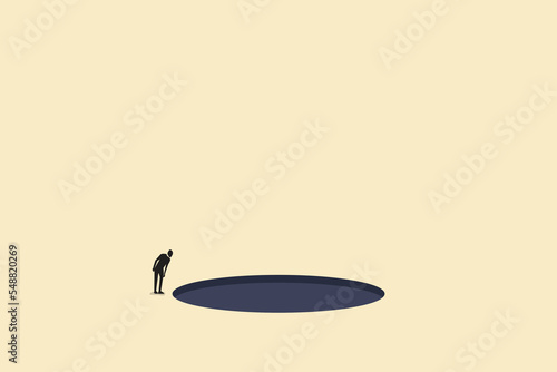 businessman on top looking down black hole. Business crisis, depression or burnout syndrome vector concept. Symbol of stress, recession,