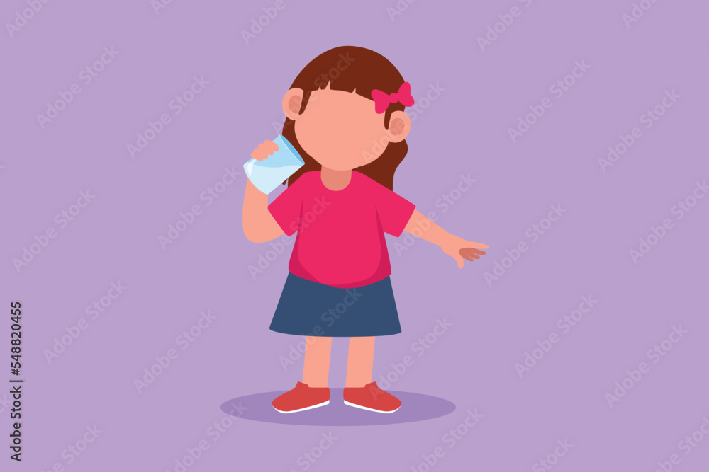 Cartoon flat style drawing beauty little girl standing while holding and enjoying glass of fresh milk to fulfill her body nutrition. Child health and growth concept. Graphic design vector illustration