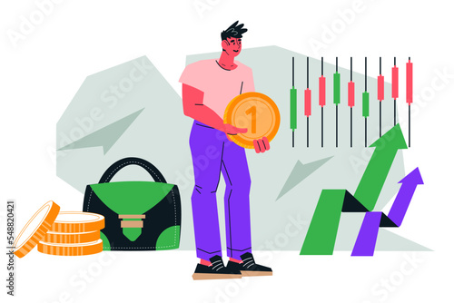 Stock market growth and successful investments, flat vector illustration isolated on white background. Successful trader, investor or shareholder on the background of growing business indicators.
