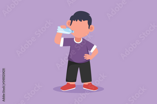 Cartoon flat style drawing little boy standing while holding and enjoying bottle of fresh milk to fulfill his body nutrition. Child or kid health and growth concept. Graphic design vector illustration