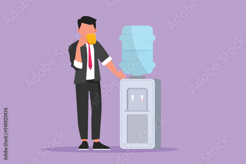 Character flat drawing young businessman drinking fresh water in a glass while standing next to water dispenser filled with gallons of water. Healthy and freshness. Cartoon design vector illustration