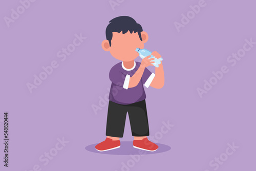 Character flat drawing adorable little boy standing while holding and enjoying bottle of fresh milk to fulfill his body nutrition. Child health and growth concept. Cartoon design vector illustration