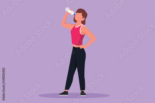 Graphic flat design drawing young woman standing and drinking fresh water from bottle with her right hand after fitness or workout. Healthy lifestyle and freshness. Cartoon style vector illustration