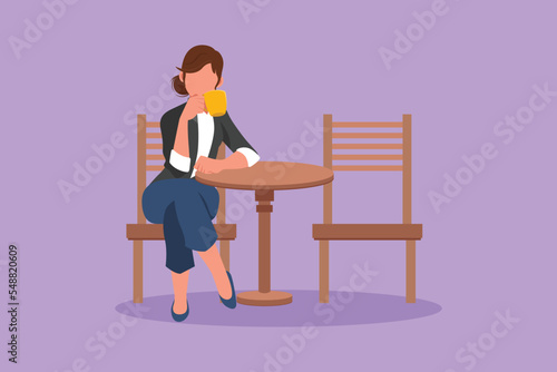 Character flat drawing young businesswoman relaxing while sitting alone at the table and drinking hot flavored coffee at restaurant. Breakfast morning daily concept. Cartoon design vector illustration