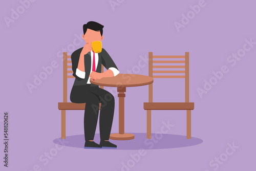 Cartoon flat style drawing of young businessman relaxing while sitting at the table and drinking hot flavored coffee at restaurant. Breakfast morning daily concept. Graphic design vector illustration