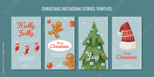 set of christmas templates for instagram stories in textured watercolor style gingerbread men and christmas balls