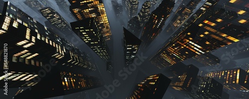 Photography Night city in the fog top view evening city from the height of the flight, 3d re
