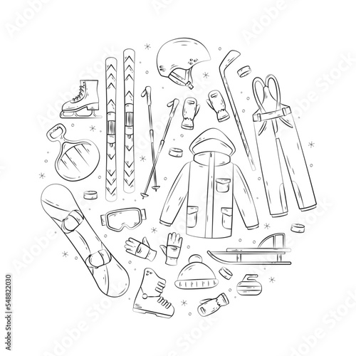 Winter sport equipment. Vector hand drawn banner with snowboard, ski, gloves, helmet, sled, jacket. Illustration of winter sporting accessories. Mountain skiing and skating activity on holidays