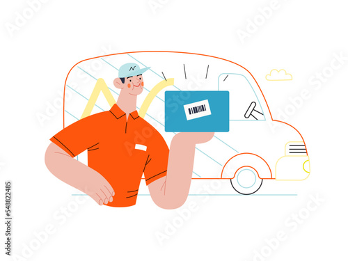 Express delivery - Online shopping and electronic commerce series - modern flat vector concept illustration of a delivery man with a box and van. Shipment, sale and online orders concept