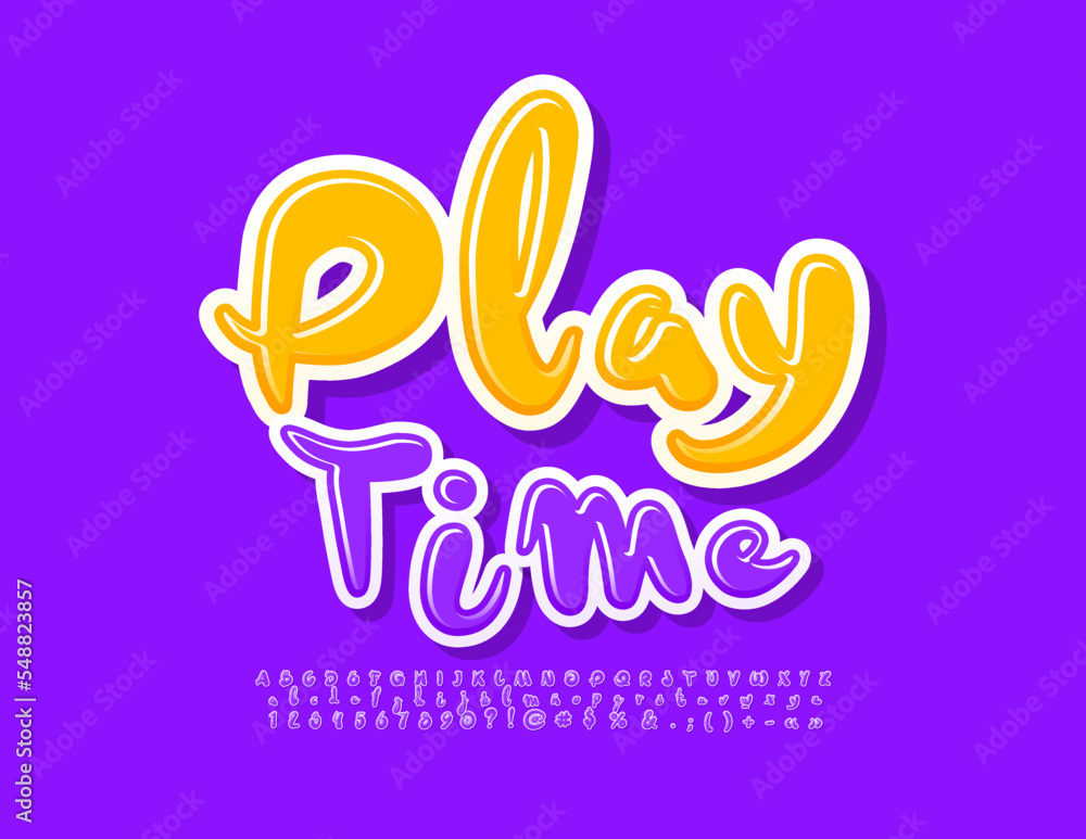 Vector funny emblem Play Time. Glossy Alphabet Letters and Numbers. Bright handwritten Font. 