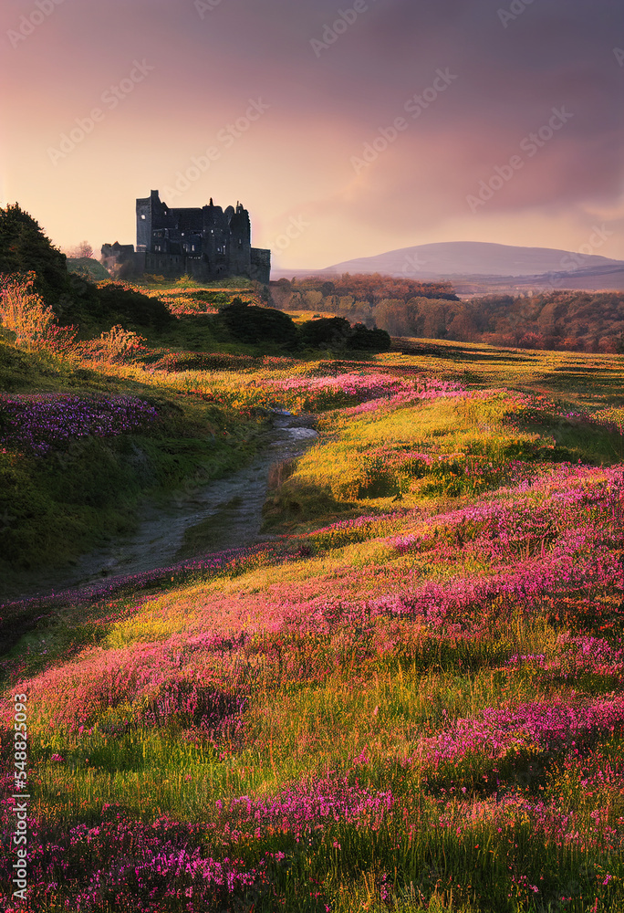Fototapeta premium Fictional Highlands Landscape with a Castle Digital Art