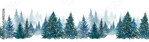 Fotografiet 雪降る森林の水彩イラスト。奥行きのある森の風景。シームレスパターン。