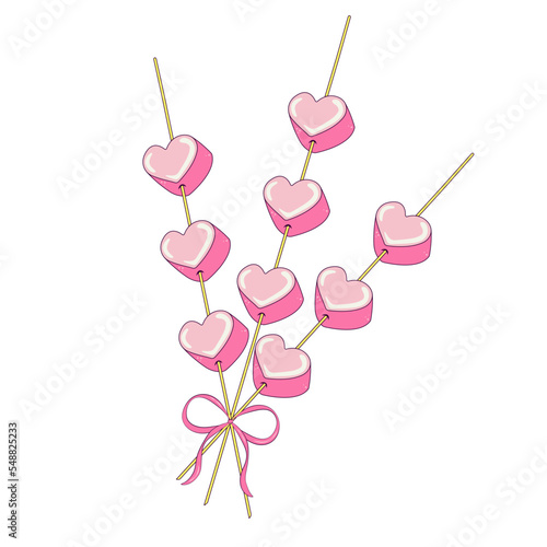 Bouquet Marshmallows in the shape of a Heart on a Stick with a Pink Ribbon and a Bow