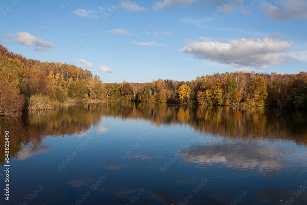 Lake with trees on the shore with yellowed foliage in autumn in sunny weather. Lake with trees on the shore with yellowed foliage in autumn in sunny weather.