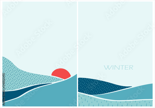 Set of winter abstract landscape with snowdrifts and red sun. Winter background in blue tones at sunset. Bright illustration with texture. Backgrounds for social networks.