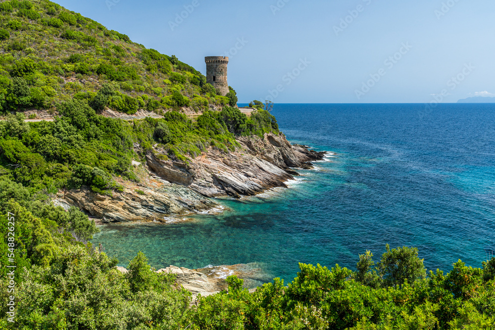 Beautiful landscape with the Torra di l'Osse. Cape Corse, Corsica, France.