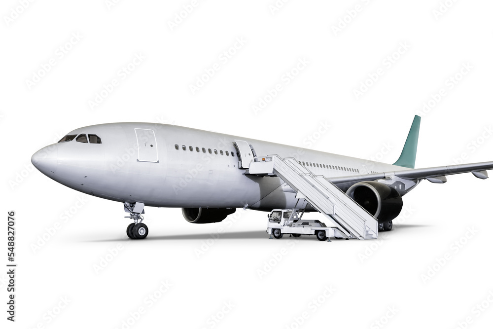 Wide body passenger airliner with air-stairs isolated on transparent background