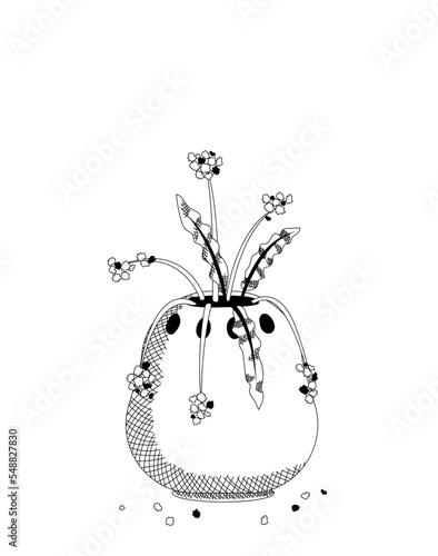 Black and white line art Withered flowers in a clay vase, line drawing, digital engraving