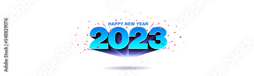 2023 Happy New Year Welcome Creative Concept. 3d text standout riseup with sparkle and confetti background.