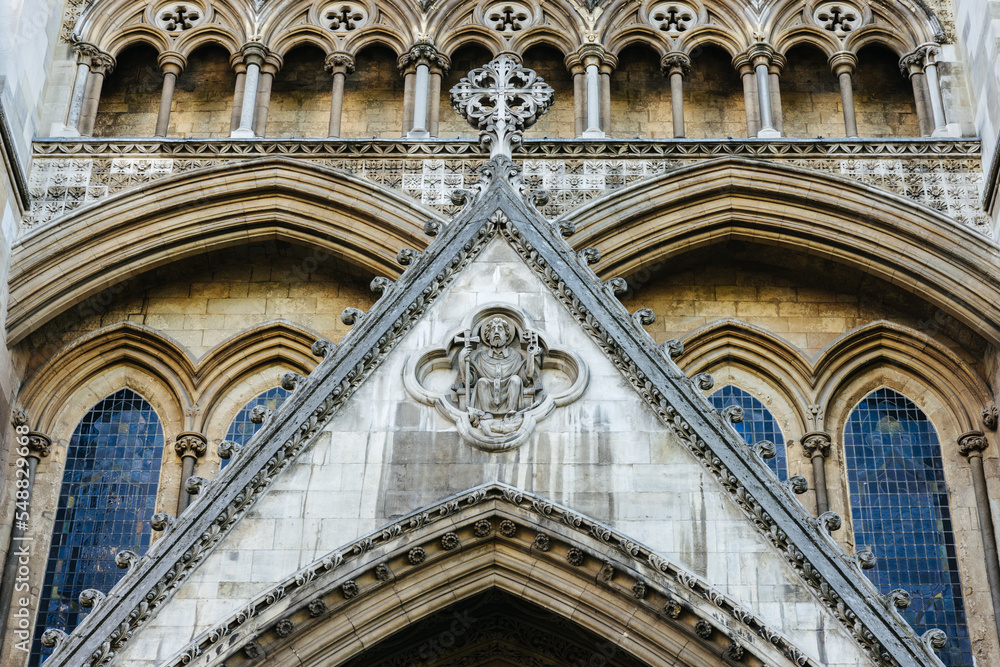 Facade of the Westminster Abbey Cathedral in London, England