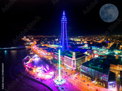 An aerial view of the illuminations at Blackpool under a full moon in Lancashire, UK photo