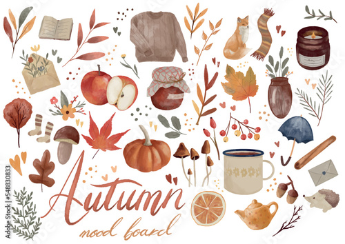 Autumn season colourful wallpaper vector mood board doodles. Watercolor hand drawn pack isolated. fall cozy vibes icons set elements, leaves, pumpkin, sweater, apple, fox ideal for house decoration