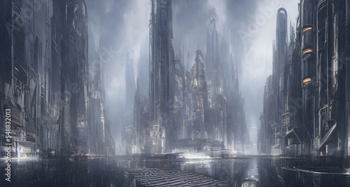 Digital Illustration Dystopian Futuristic Cityscape